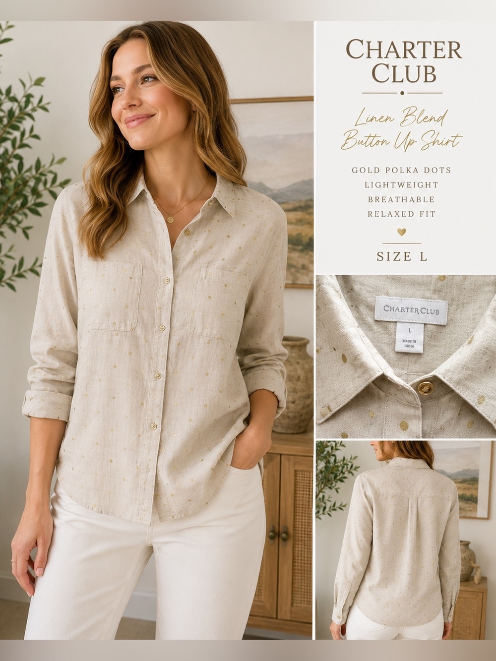 Charter Club Linen Blend Gold Polka Dot Button Shirt Women’s L Lightweight